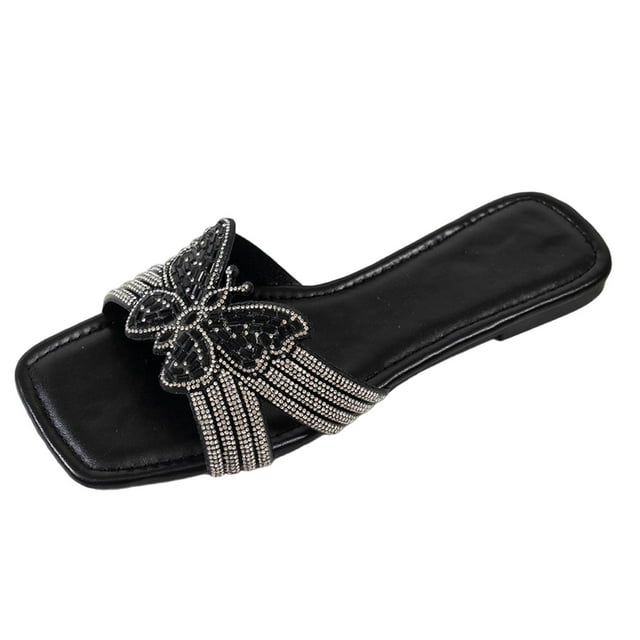 Black Women'S Slide Sandals Square Toe Butterfly Rhinestone Decor Comfortable Non Slip Casual Outdoor Summer Wear For All Daily Occasions Size 39