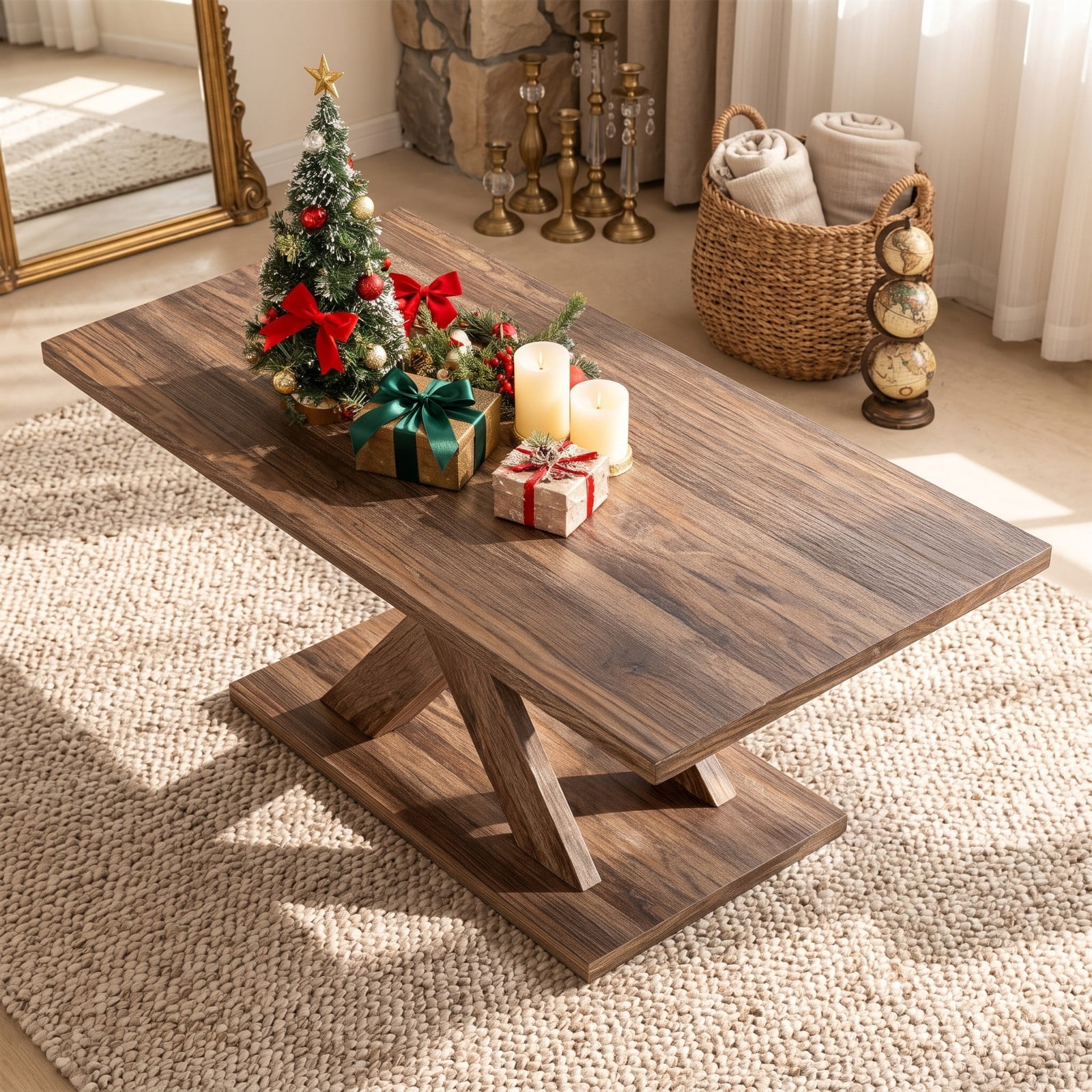 Furnibear 37.5 Inch Rectangular Coffee Table, Modern Rubber Wood Center Table with Wide Stable Base and Anti-Slip Foot Pads for Living Room Bedroom Office, Rustic Brown