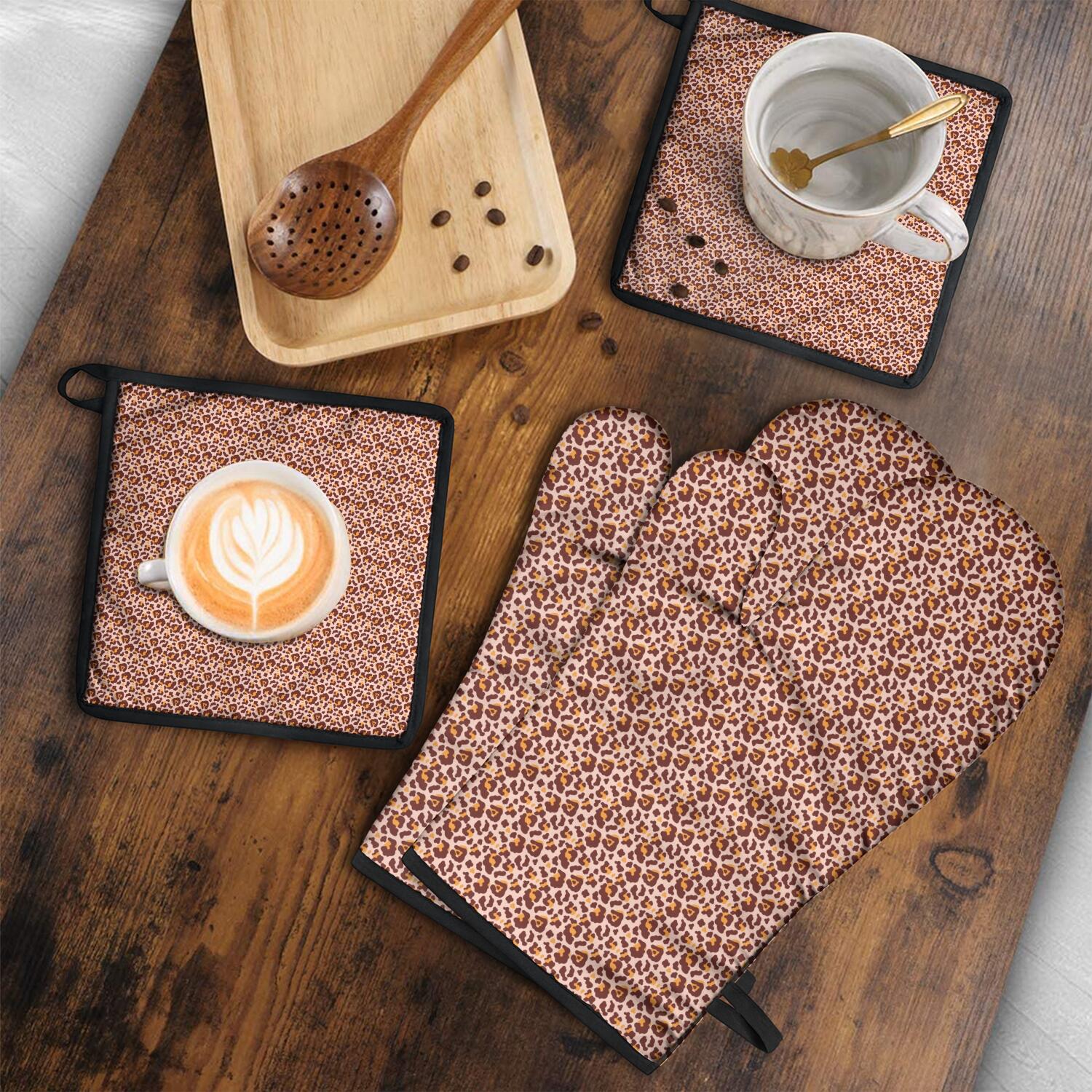 Leopard Print Oven Mitts and Pot Holders Set Of 4, Heat Resistant Kitchen Gloves with Non-Slip Grip, Hanging Loop, Soft Cotton Lining for Baking, Cooking, Grilling, Barbecue