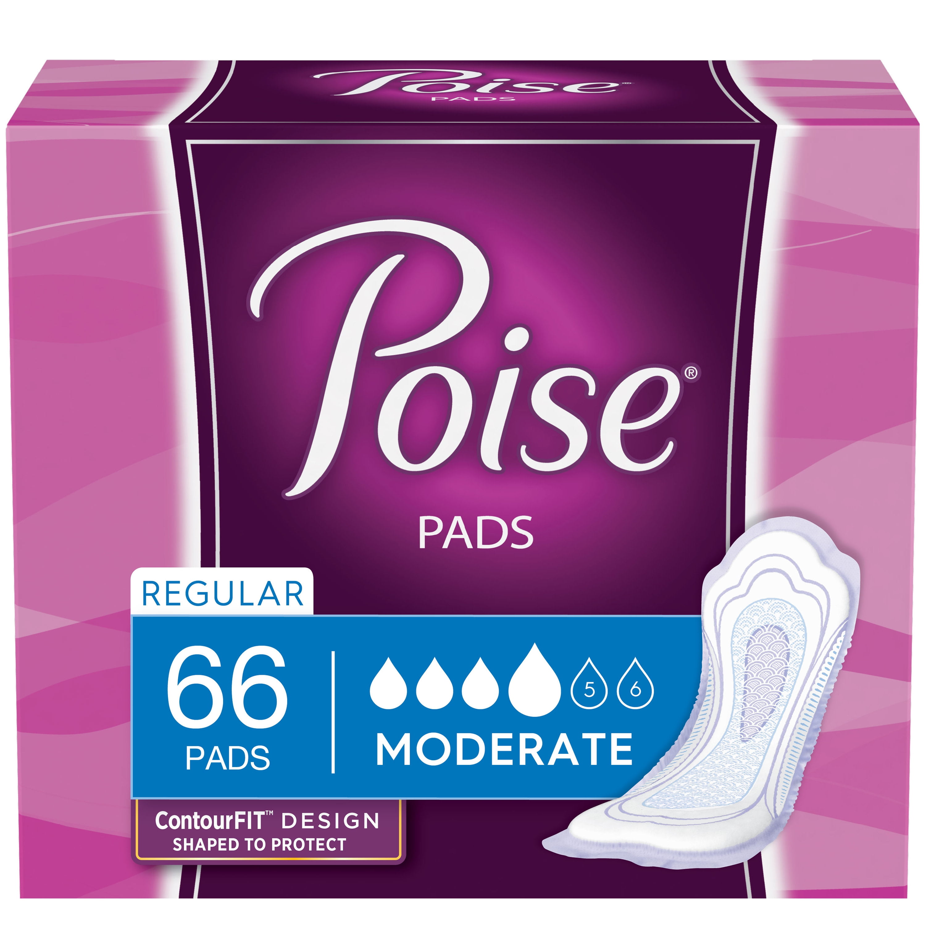 Poise Incontinence Pads for Women, 4 Drop, Moderate Absorbency, Regular, 66Ct