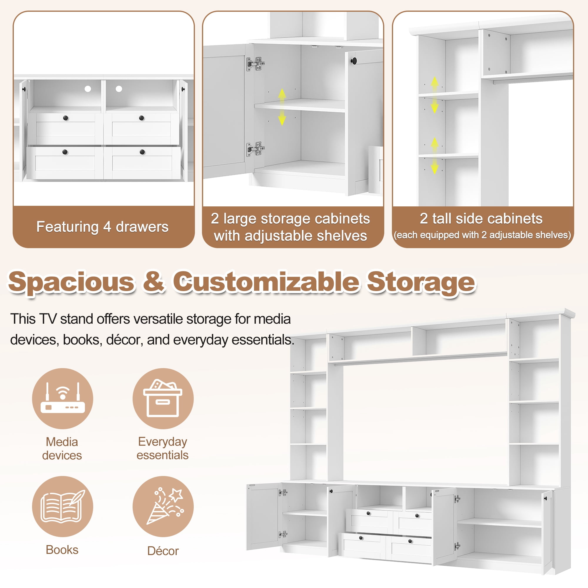 Farmhouse Entertainment Center Wall Unit with Bridge, 4 Drawers, Adjustable Shelves, Modern TV Stand for TVs Up to 70", Modern Media Console Cabinet with Storage for Living Room