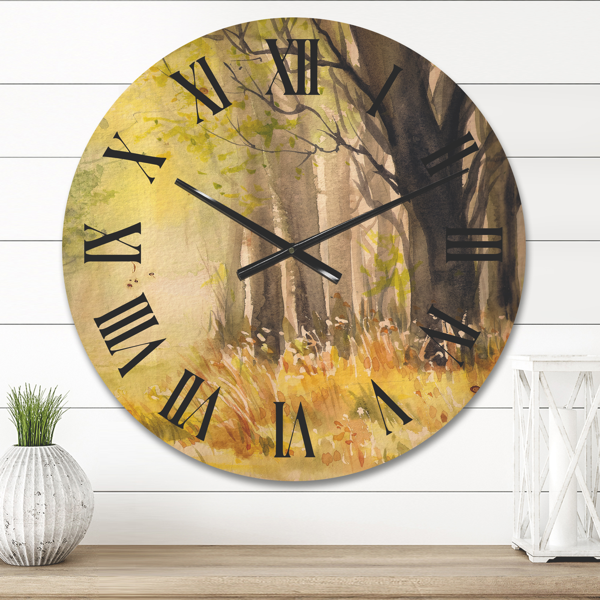 Designart 'Bright Sunshine Through The Yellow Forest Trees II' Traditional Wood Wall Clock