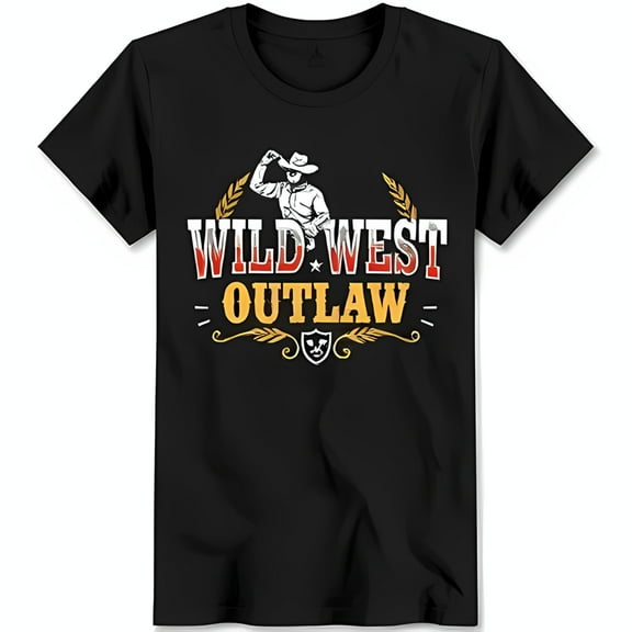 Black Neck T-Shirt with Cowboy Graphic & 'WILD WEST OUTLAW' Text