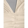 thumbnail image 3 of Black Knit & Woven Patchwork V-Neck Ruffle Backless Mini Dress, Ruched Waist, Elegant Vacation Casual Wear, 3 of 10