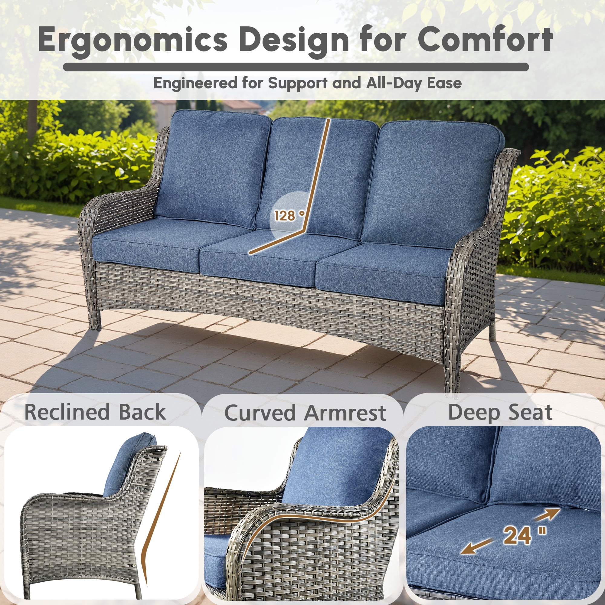 Ovios 7 Piece Outdoor Patio Furniture Set All-Weather Wicker Rattan Conversation Set with High Back Swivel Chairs & Propane Fire Pit Table, Denim Blue