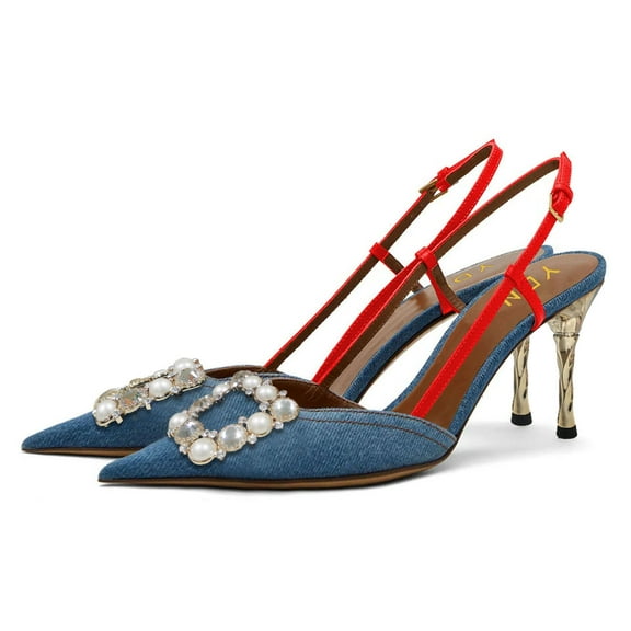YDN Women's Stylish Metal High Heel Slingback Pumps Pointy Toe Pearls Buckle Strap Shoes for Wedding Bridal Dress Size 7 Red Strap