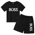 thumbnail image 4 of Conjunto de 2 piezas de camiseta de manga corta y pantalones cortos con estampado de letras de marca de verano, traje deportivo informal para niños y niñas, conjunto de moda para niños, 4 of 5