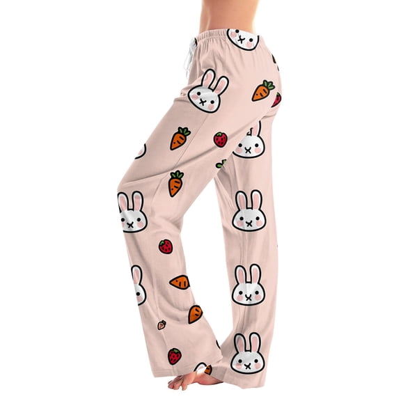 Easter Womens Cotton Pajama Wide Leg Bunny Egg Print Loungewear Drawstring Casual Fit Casual Lounge Pants Elastic Waist Trendy Stretchy with Pockets Pants, #346 Watermelon Red L