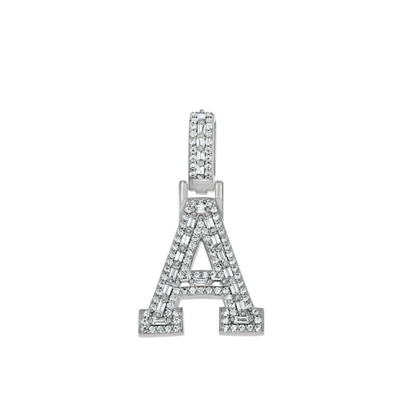 Sterling Silver Unisex Round Baguette Cubic Zirconia Initial Letter A Charm Pendant