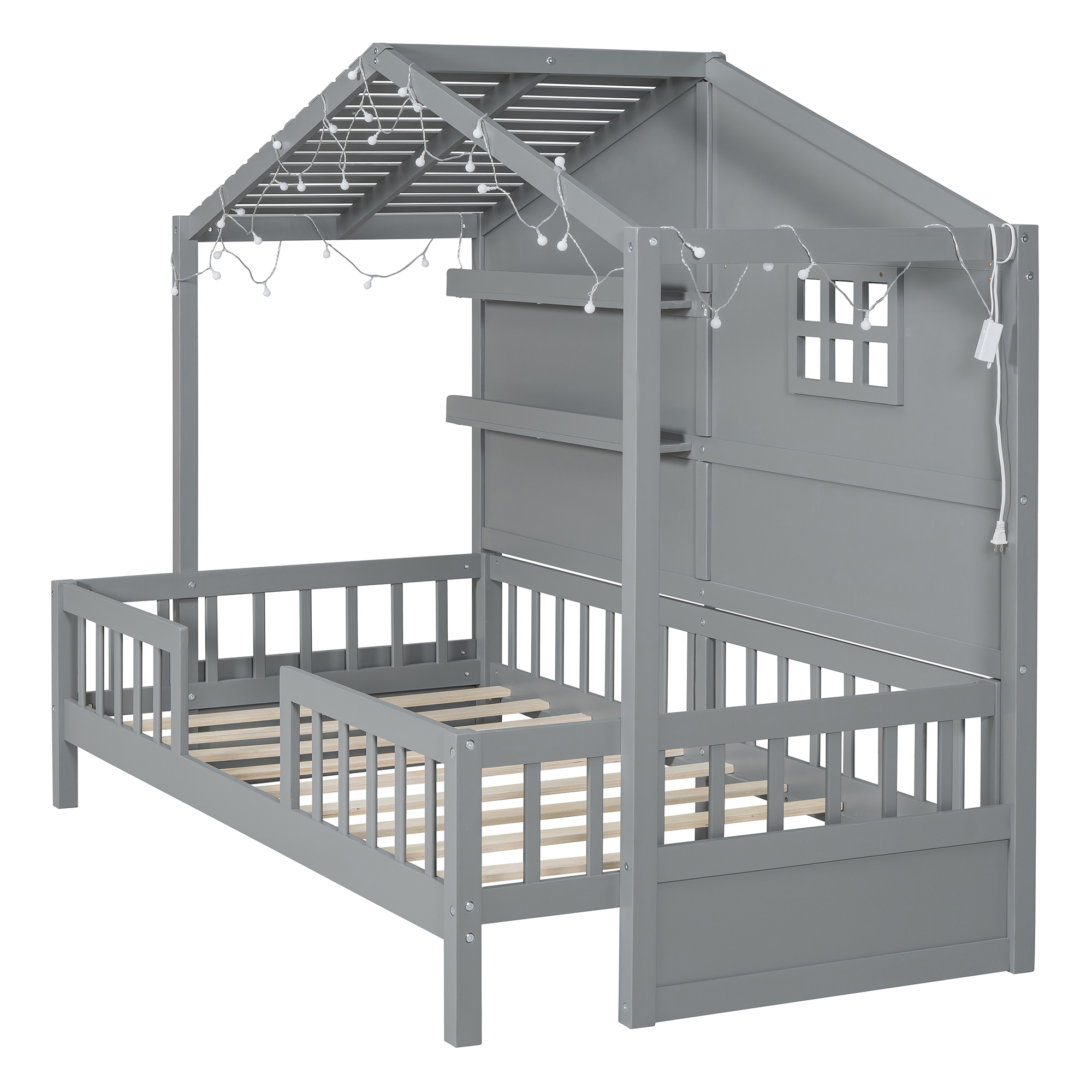 Mintazer Twin House Bed with LED String Lights & Storage Shelves, Toddler Montessori Bed Frame with Guardrails for Kids, Gray