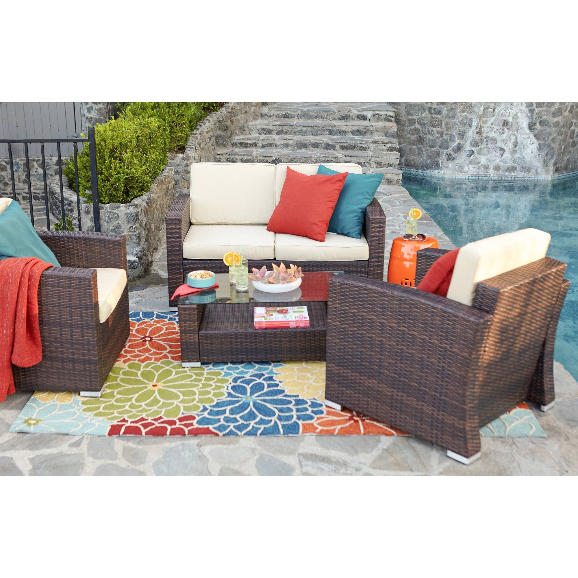 Incadozo 4-Piece Outdoor Wicker Conversation Set, Dark Brown with Beige Cushions by Bestsign International