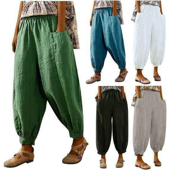 YUGYXL Women's Linen Harem Pants Plus Size Tapered Pants Loose Fit Elastic Waist Trousers Summer Casual Pant with Pockets Beige XXL