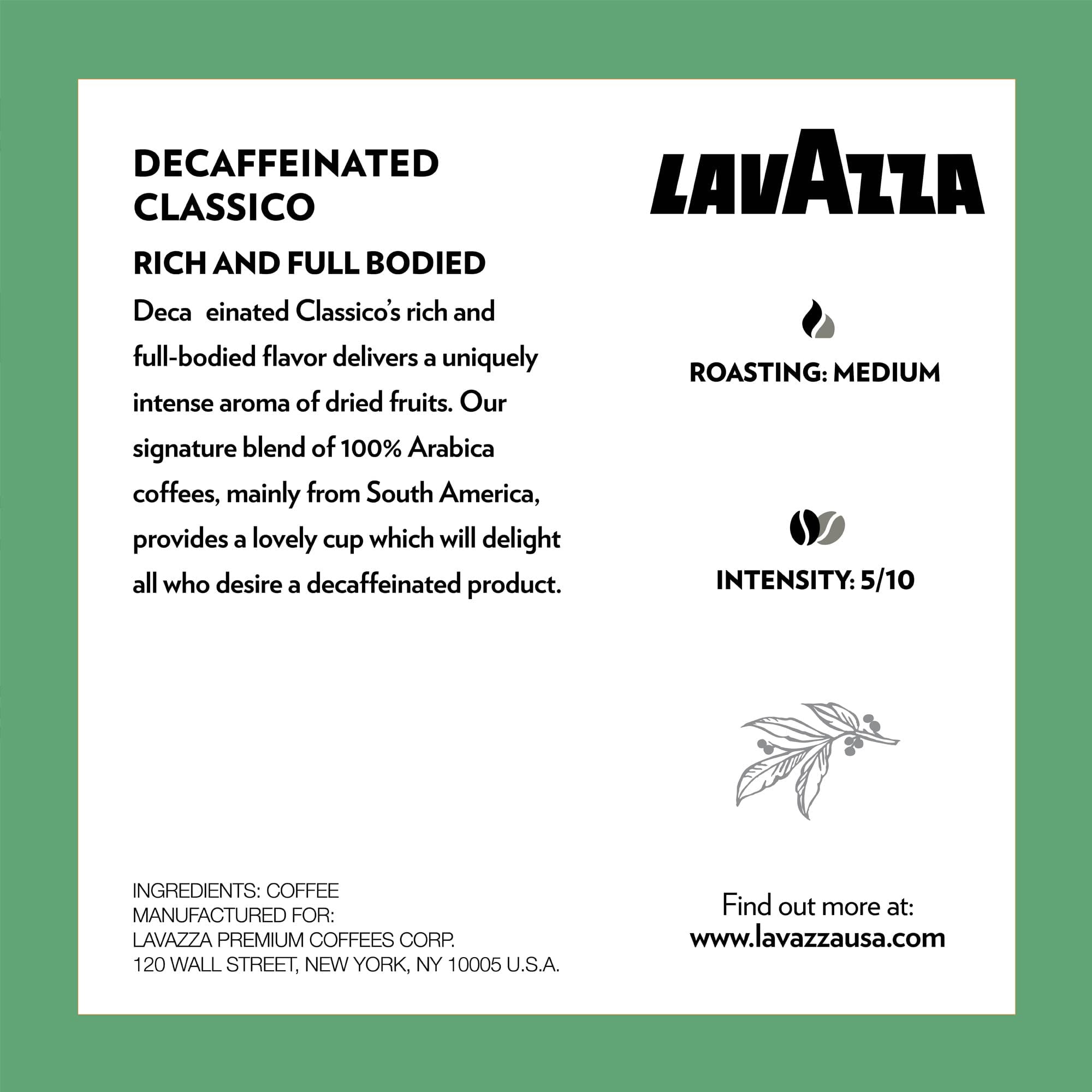 Lavazza Classico Decaf Single-Serve Coffee K-Cups for Keurig Brewer, Medium Roast, 10 Count Box ,Rich and full-bodied flavor delivers a uniquely intense aroma of dried fruits, 100%