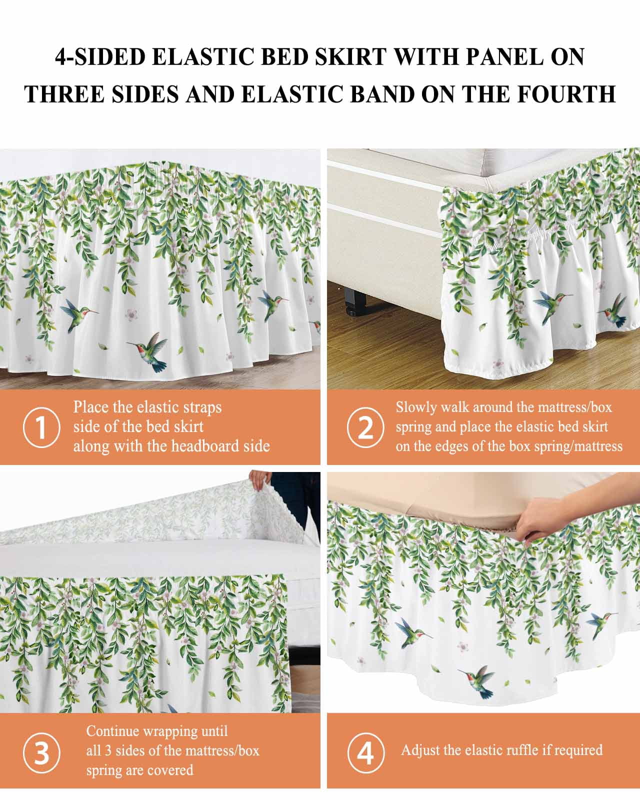 Spring Leaves Bed Skirt California King Size 18 Inch Drop, Watercolor Falling Green Leaf Floral Plant Flying Birds Adjustable Elastic Dust Ruffles Bedskirt Wrap Around Pleated Mattress Frame Cover