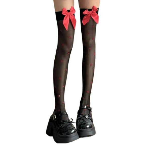 lanema Women Bows Thigh High Stockings Red Heart Over The Knee Highs Socks Nylon Stocking Daily Party Costume