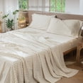 thumbnail image 2 of MooMee Gingham Sheet Set 100% Washed Cotton Linen Like Textured Extra Deep Pocket Breathable Lightweight 4-Piece (Almond Milk Gray, Queen), 2 of 9