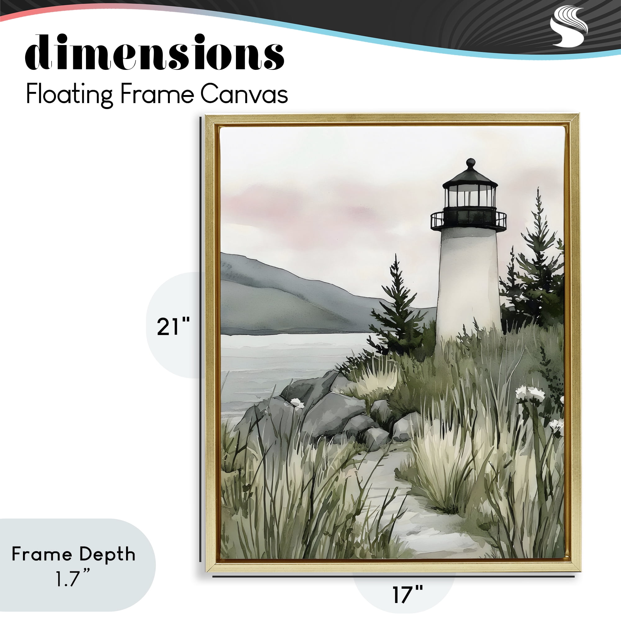 Stupell Industries Coastal Calm Lighthouse Gold Framed Floater Canvas Wall Art, design by Riley B