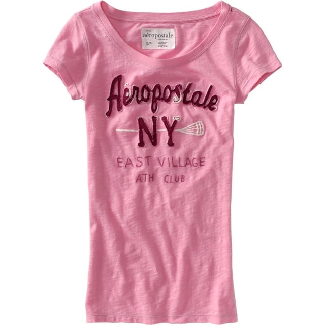Aeropostale - Camiseta con gráfico cosido y cuello redondo para mujer, color rosa, XS