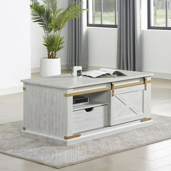 Furniture of America Mavis Sliding Door Wood Antique White Coffee Table
