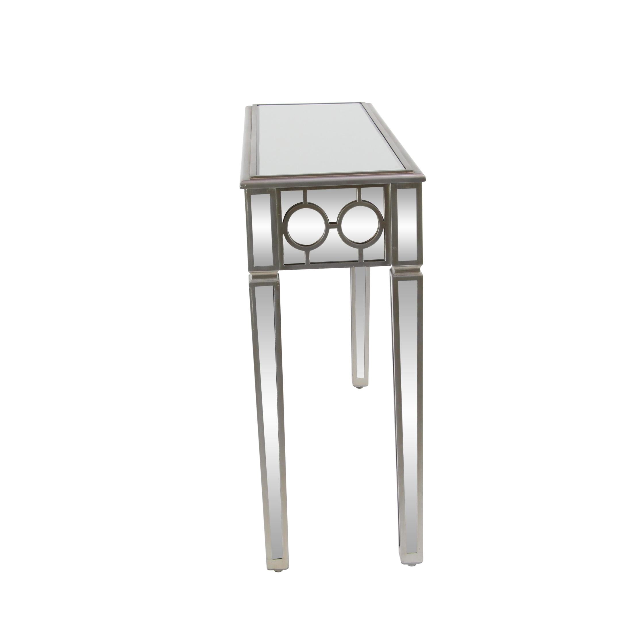 DecMode 47" x 32" Silver Glass Mirrored Geometric Console Table with Circular Panel Inlay, 1-Piece