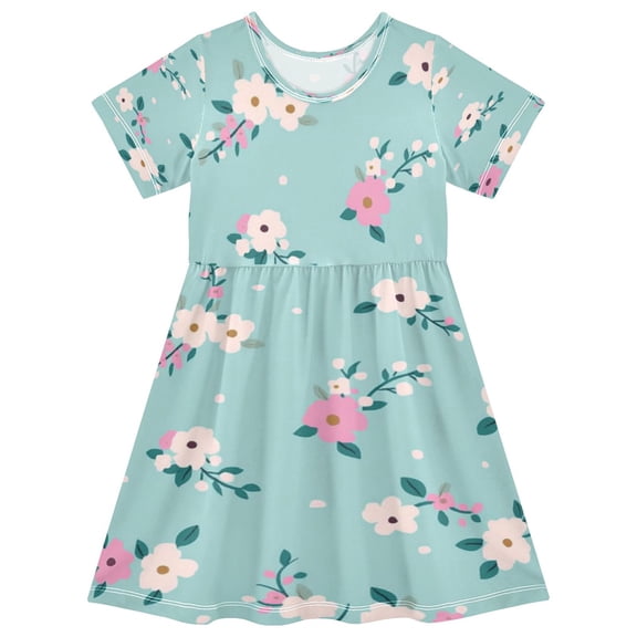 Girls Short Sleeve A-Line Dress Pink and Teal Floral Pattern Play Dress Sizes 2T