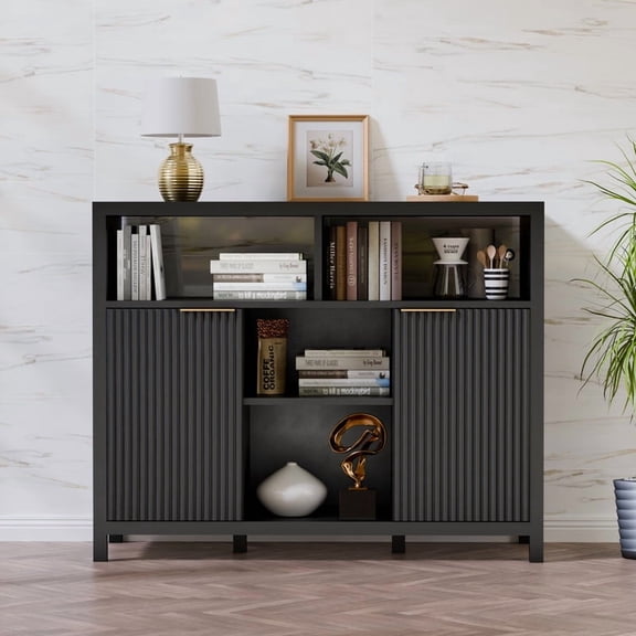 TOPCOMFY Sideboard Buffet Cabinet, Thicken Wood Storage Cabinet with 4 Large Open Shelf, Farmhouse Cabinet with 2 Fluted Door