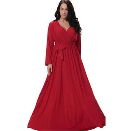 Unomatch Women Plus Size Pleated Maxi Gown Party Dress Red
