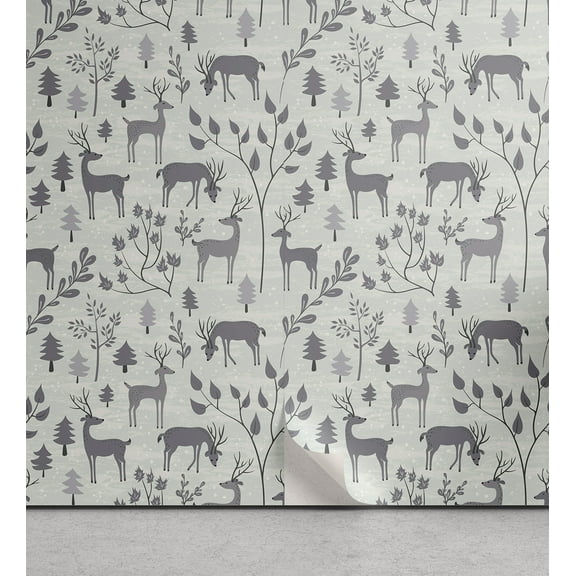 Ambesonne Christmas Peel & Stick Wallpaper for Home, Deer in the Winter Forest, 13"x100", Dust Grey Pale Taupe