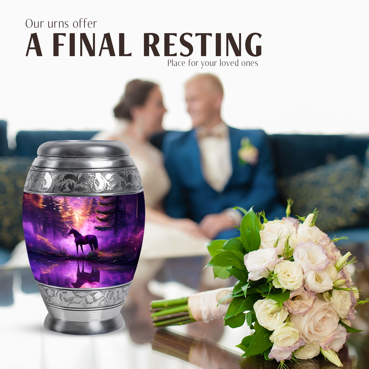 JAGASY Unicorn Small Urn for Daughter, Purple Tiny Keepsake Urns for Human Ashes, Sunset Forest Trees & River Decorative Urns for Children, Memorial Miniature Urn for Son, (3 Inch)