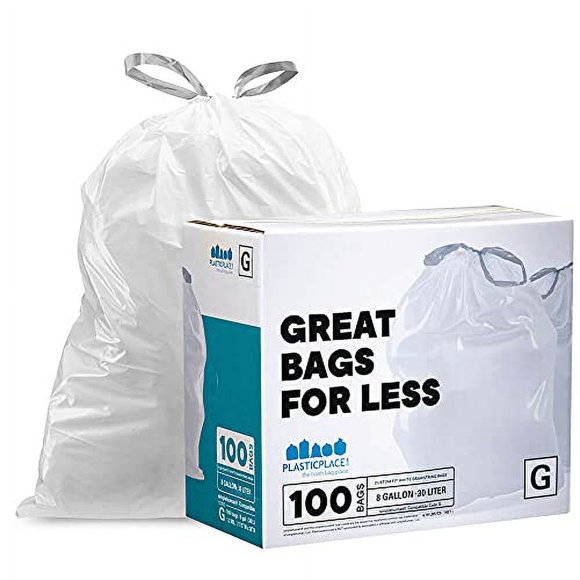 Plasticplace Custom Fit Trash Bags, Compatible with simplehuman Code G (100 Count) White Drawstring Garbage Liners 8 Gallon / 30 Liters, 17.5" x 28"