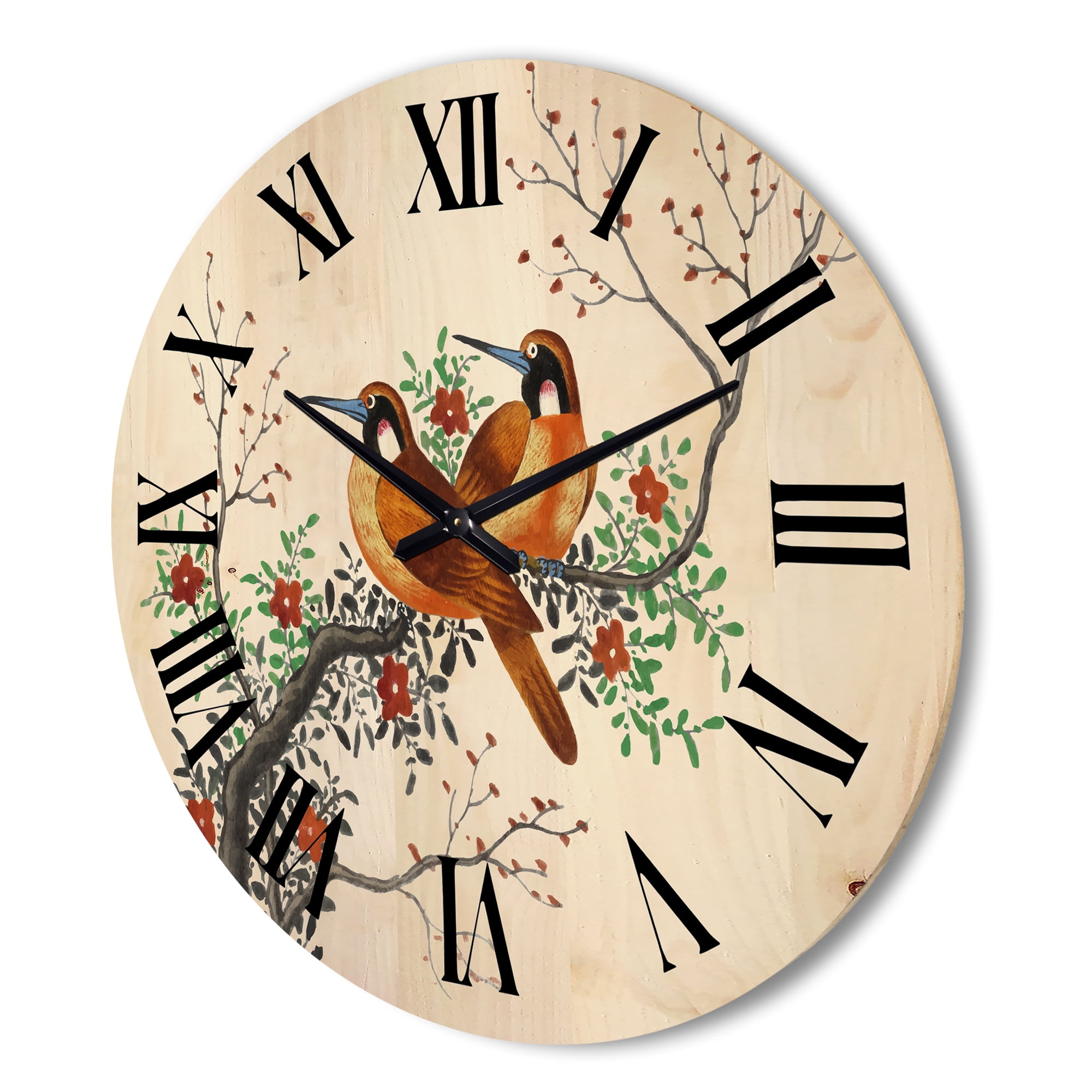 Designart 'A Flowering Tree Branch With Two Chinese Birds' Traditional Wood Wall Clock
