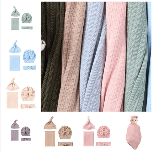 Fiudx Conjunto de Manta Envolvente de Algodón Suave, Gorro Turbante y Diadema con Lazo para Bebé, Transpirable y Agradable para La Piel, Ideal Como Regalo de Baby Shower o Accesorio Fotográfico, de R