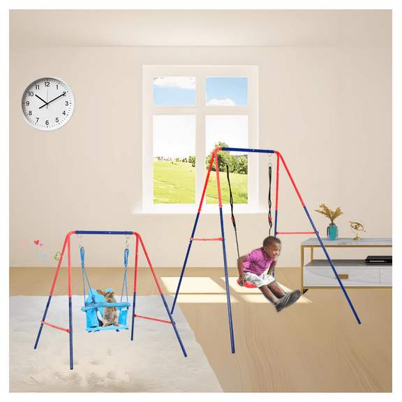 XNS067B green and blue interesting 2 in 1 baby swing mental plastic safe swing set 110lbs for outdoor playground for age 3 