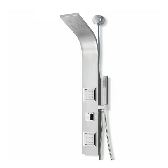 Aura Series 39 in. 2-Jetted Full Body Shower Panel System in Brushed Steel with Rainfall Showerhead and Spray Wand