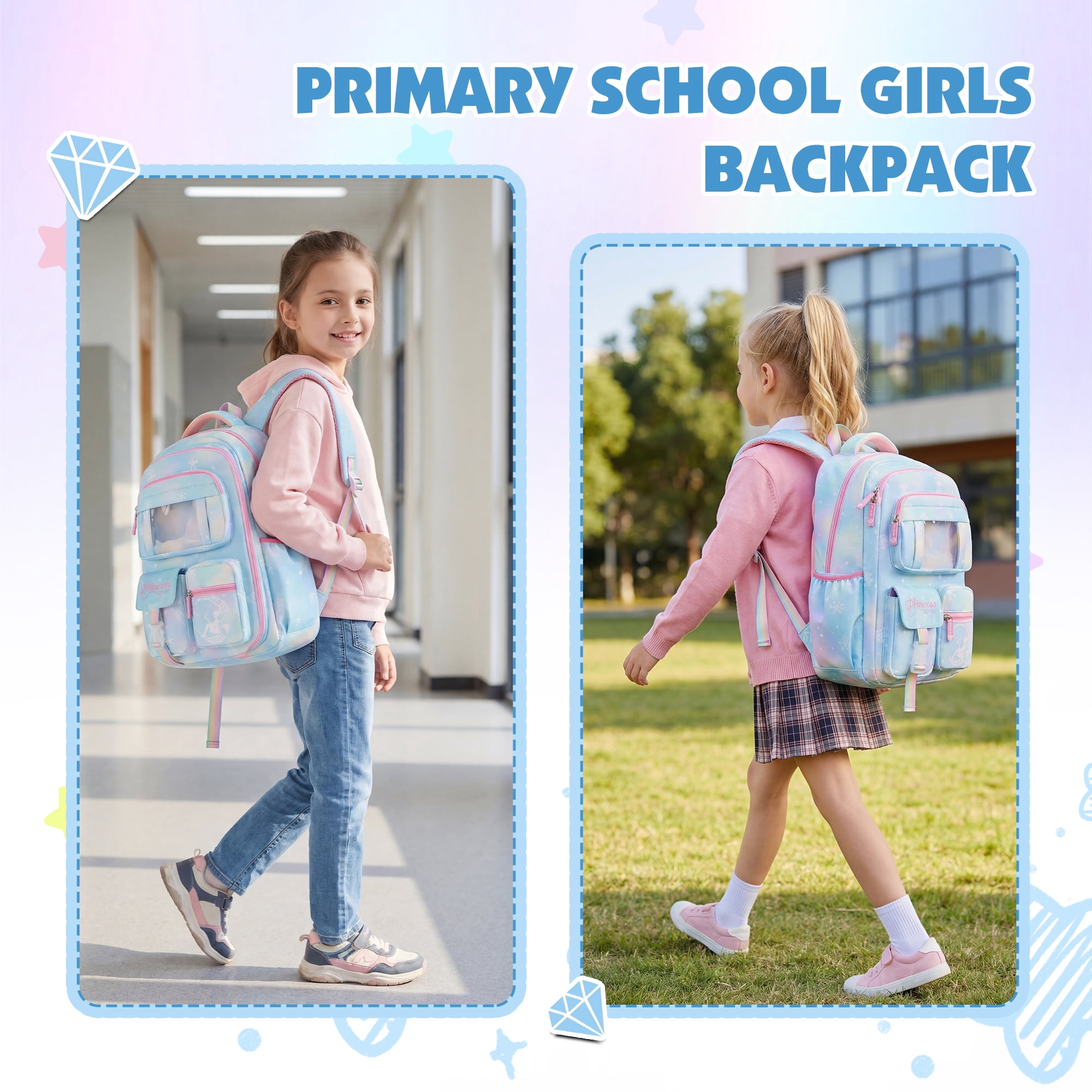 DAKIMOE School Backpack Book Bags Primary Middle School Bags for Kids Girls Teens Back to School Large Bookbags with Multi Pocket for 7-14 Years Pink