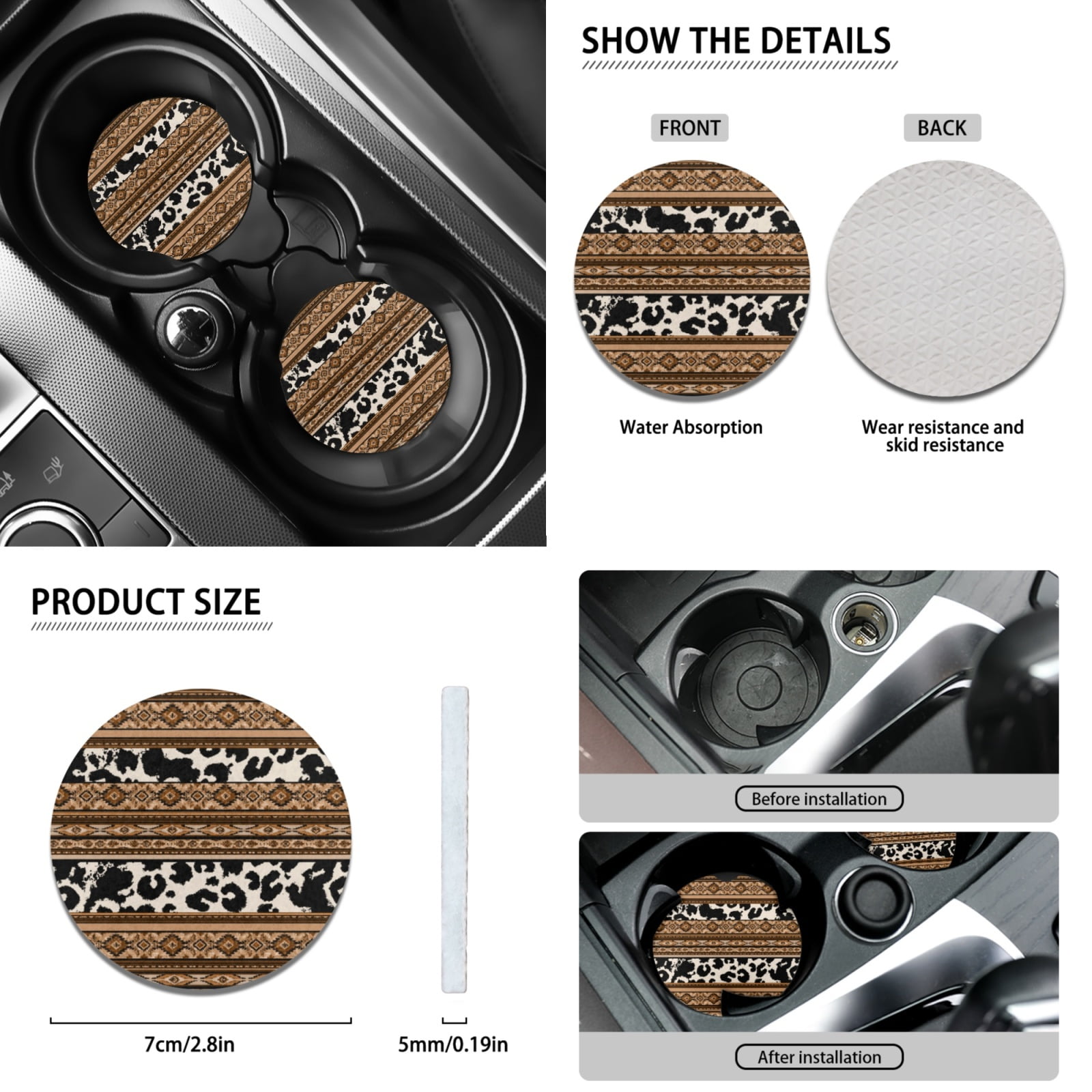 Renewold American Tribal Cow Print Brown 12 PCS Car Seat Cover Covers for Women, Non-slip Car Steering Wheel Cover Seatbelt Strap Shoulder Cover Coasters Armrest Pad Handbrake Cover Gear Shift Cover
