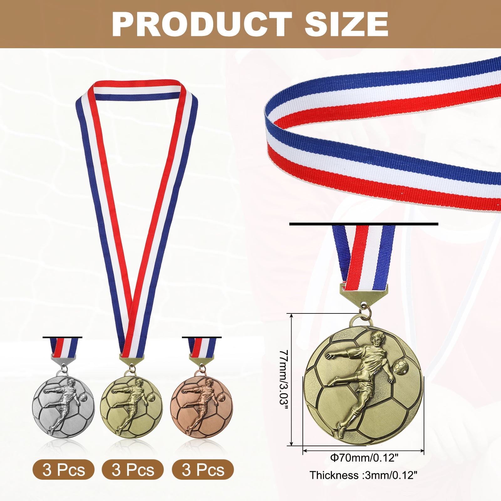 Uxcell Football Events Gold Silver Bronze Award Medals with Red & White & Blue Ribbons, 9 Pcs Winner Medals Prizes for Competitions Sports Party, Gold/Silver/Red