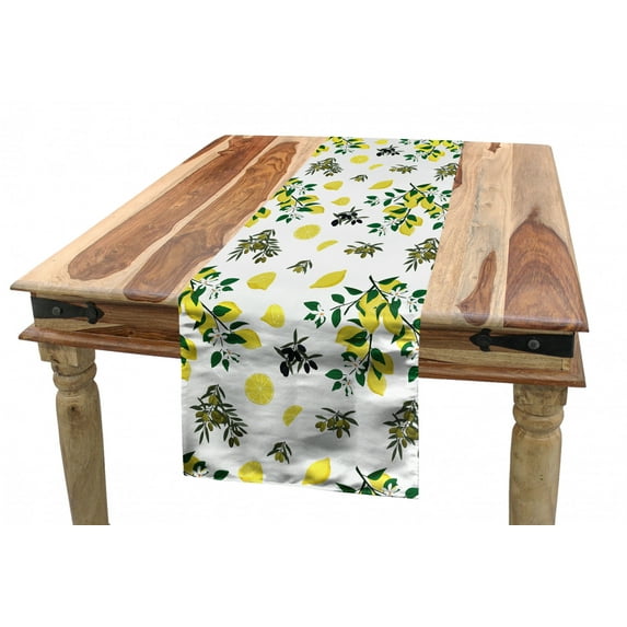 Botanical Table Runner, Composition of Olives and Lemons on Trees Organic Life, Dining Room Kitchen Rectangular Runner, 3 Sizes, by Ambesonne