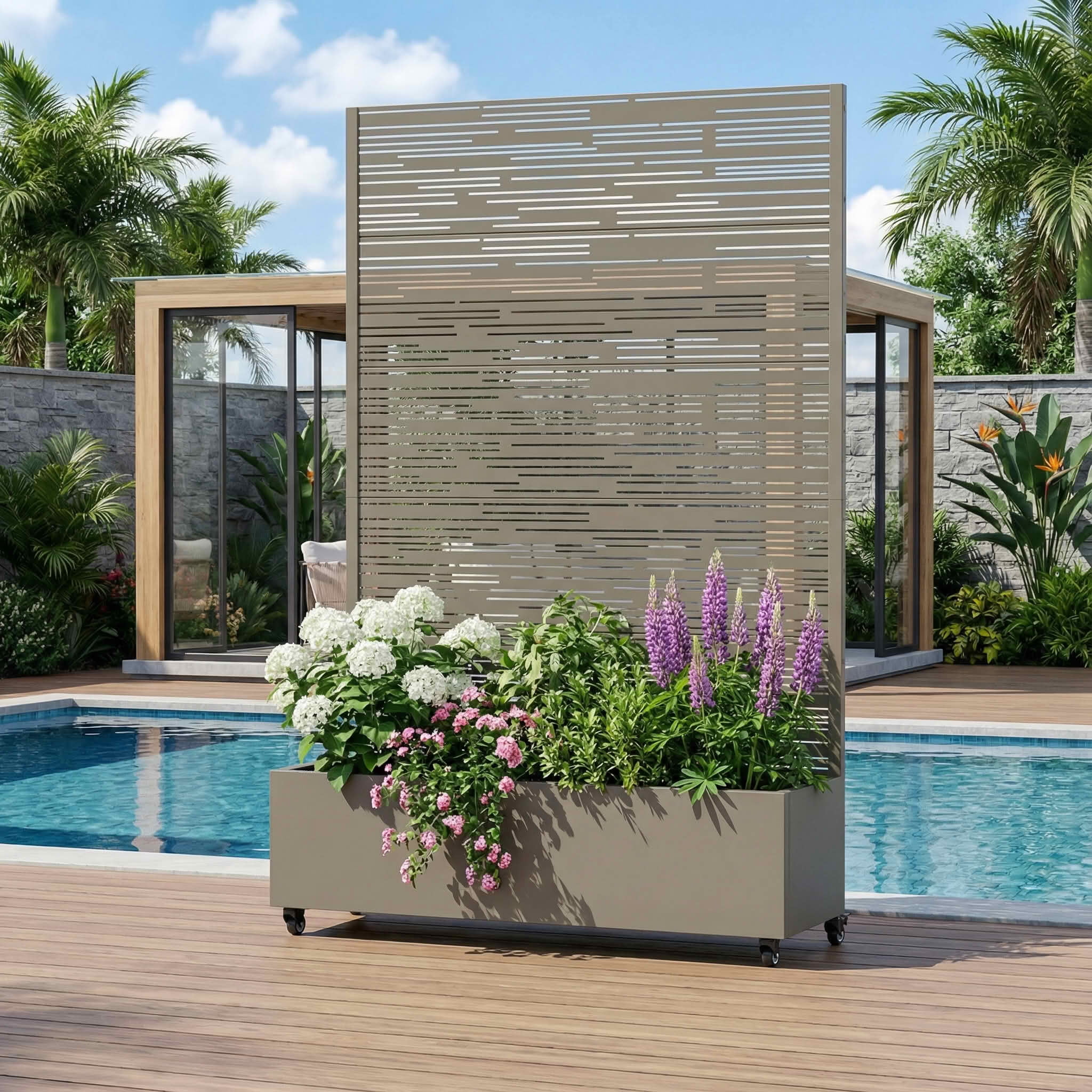 MAYEERTY 72X47" Metal Outdoor Olive Gray Privacy Screen with Planter Box for Backyard & Garden, 5 Piece Set