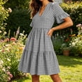 thumbnail image 5 of Uscallm Women Plus Size V Neck Short Sleeve Ruffle Plaid Boho Mini Dresses A-Line Casual Travel Dresses for Summer, Black 3XL, 5 of 9