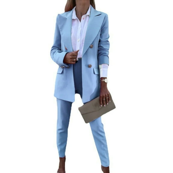 comerut 2 Pcs/Set Women Blazer Pants Set Solid Color Turn-down Collar Anti-wrinkle Formal Loose Warm High Waist Pockets Coat Pants Suit for Work