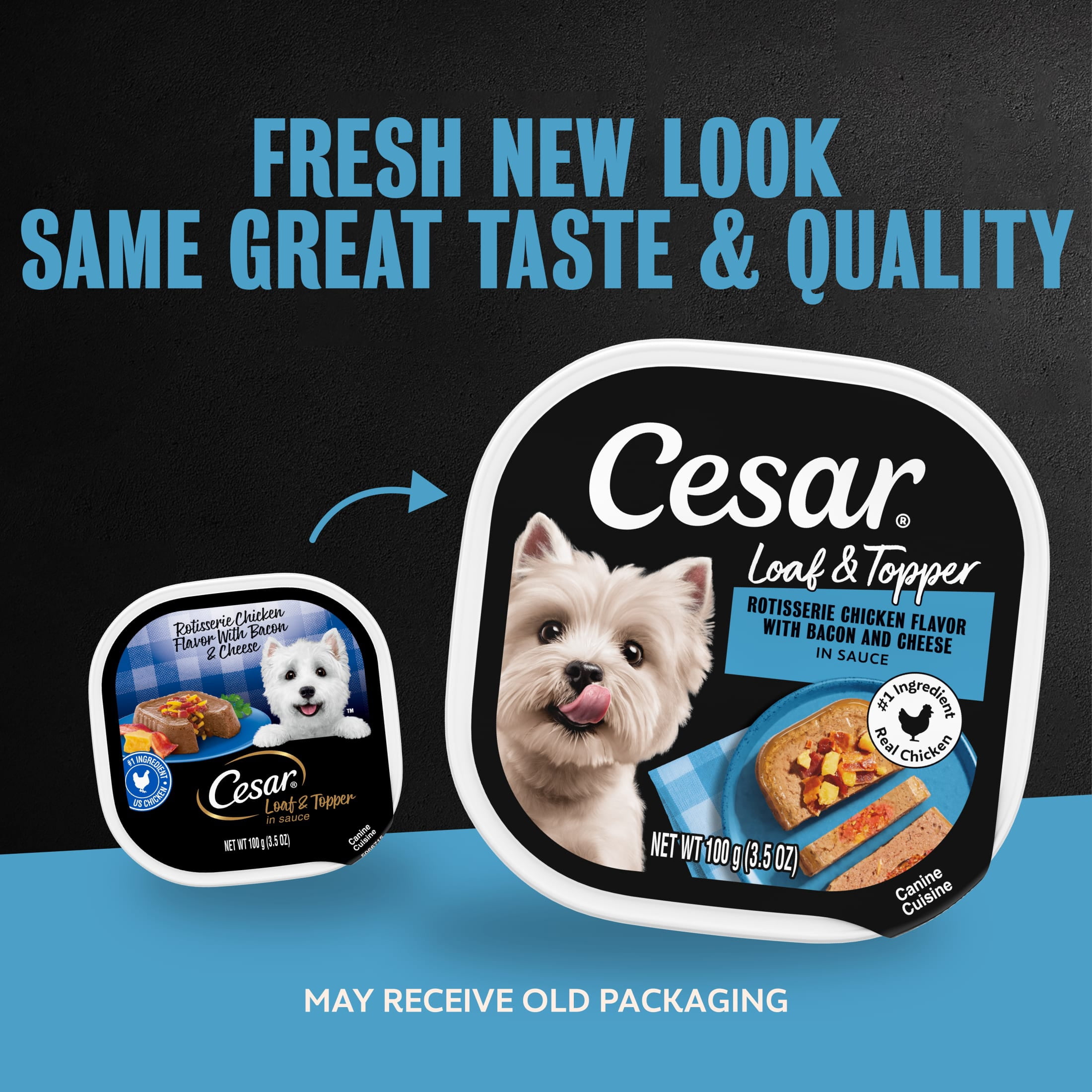 (12 pack) Cesar Loaf & Topper In Sauce Rotisserie Chicken Flavor With Bacon & Cheese Wet Dog Food, 3.5 Oz Tray