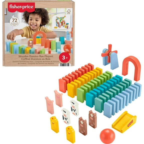 Fisher-Price Wooden Domino Run Playset, Preschool Building Set Game, 72 Wood Pieces, Ages 3 