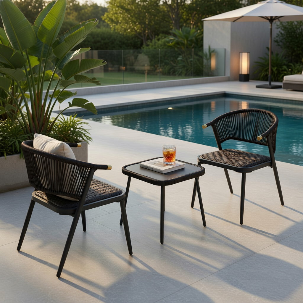 Hommoo 3-Piece Outdoor Rattan Patio Furniture Set, PE Wicker Chairs with Metal Frame & Tempered Glass Coffee Table for Backyard, Poolside, Balcony, Brown