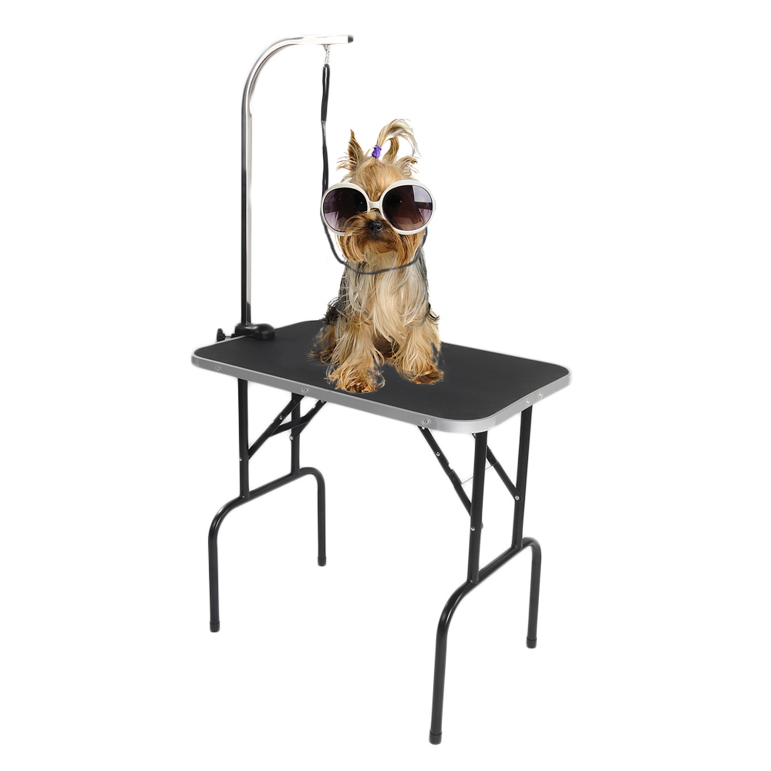 Pefilos 32" Foldable Pet Grooming Table for Dogs Cats with Mesh Tray and Adjustable Arm Silver Base with Black Table, M Pefilos 32" Foldable Pet Grooming Table for Dogs Cats with Mesh Tray and Adjustable Arm Silver Base with Black Table, M