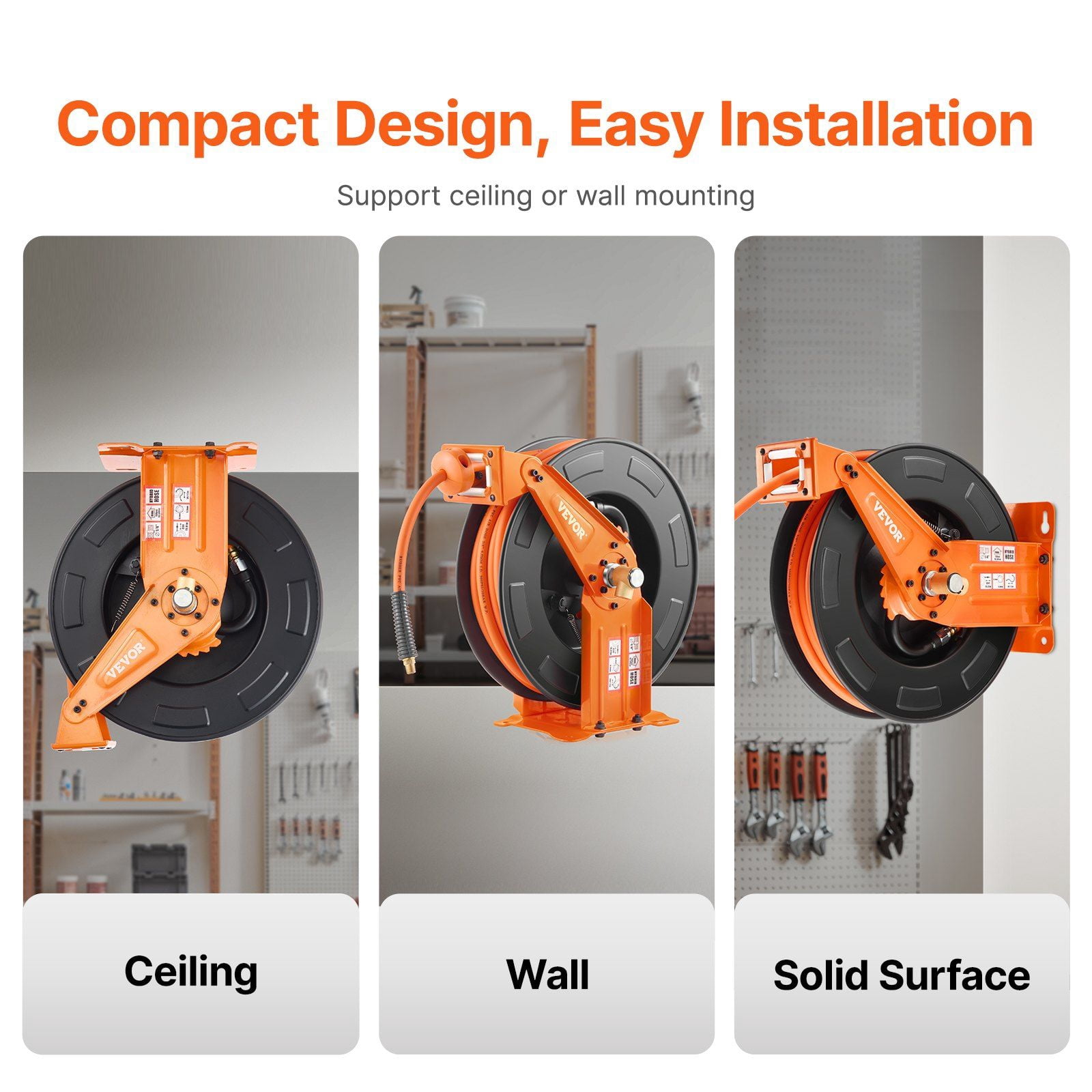 3/8IN x 65FT Retractable Air Hose Reel – Hybrid Air Hose with Dual Arms for Garage & Workshop