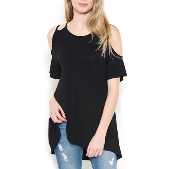 MIRMARU Women's Round Neck Open Cold Shoulder Short Sleeve Swing Tunic Top Blouse.