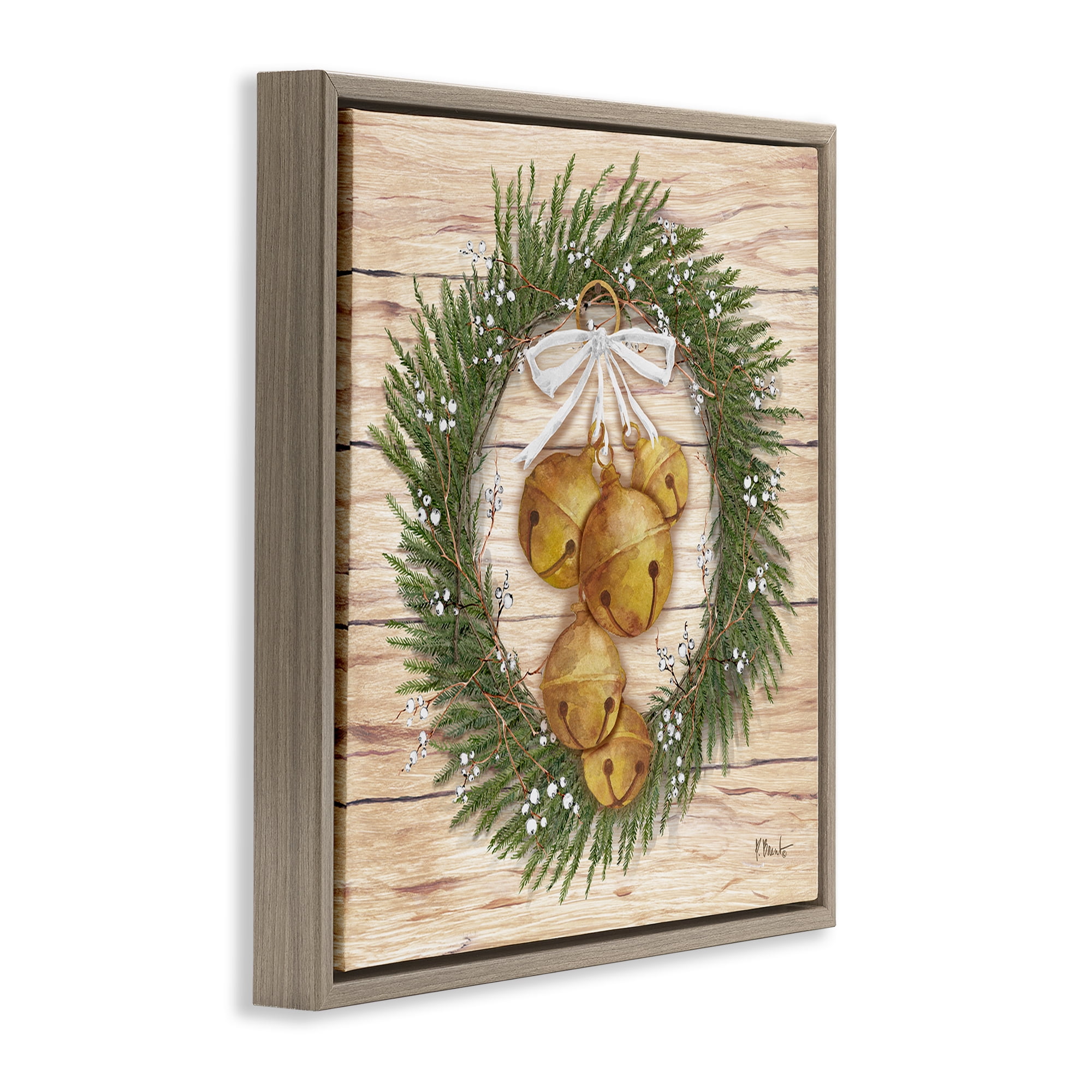 Stupell Industries Winter Bells Wreath Holiday Painting Brown Floater Framed Canvas Art Print Wall Art, 25 x 25
