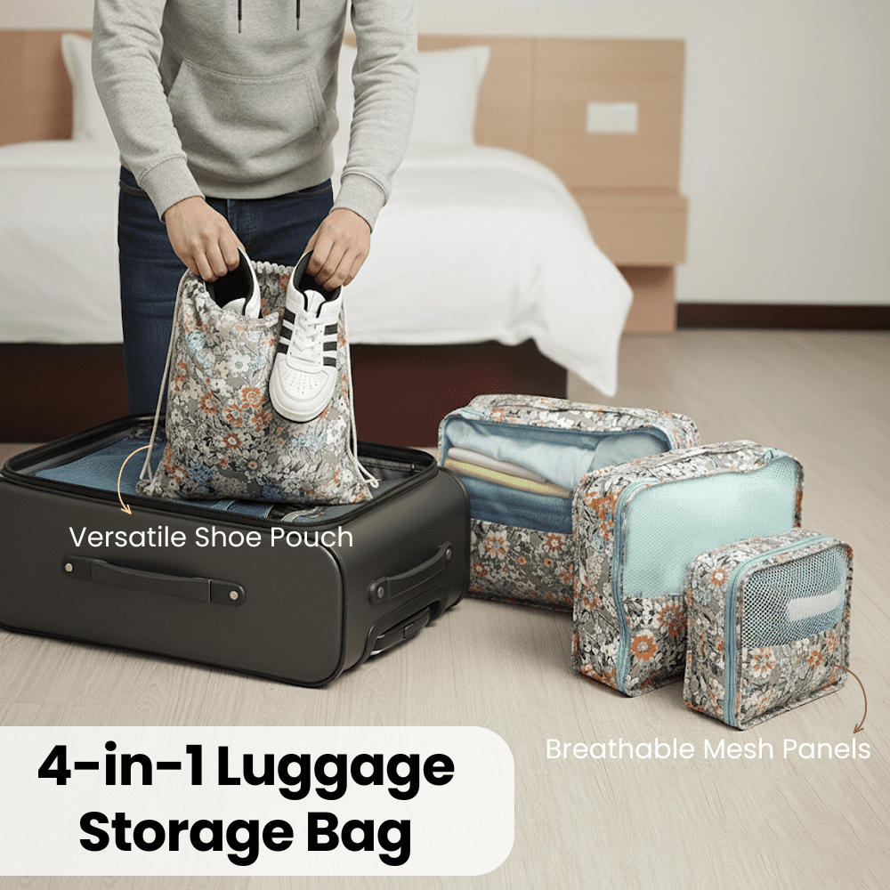4-Piece Travel Packing Cubes Set, Luggage Organizer Bags with Mesh Top, Lightweight Clothes Storage Pouches, Green Floral Pattern