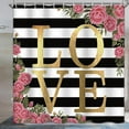 thumbnail image 3 of Valentine Love Shower Curtain, Pink Rose Flowers Blossom Bathroom Shower Curtain Set with Hooks, White and Black Stripes Shower Curtain for Bathroom, 72W x 84L inch, 3 of 6